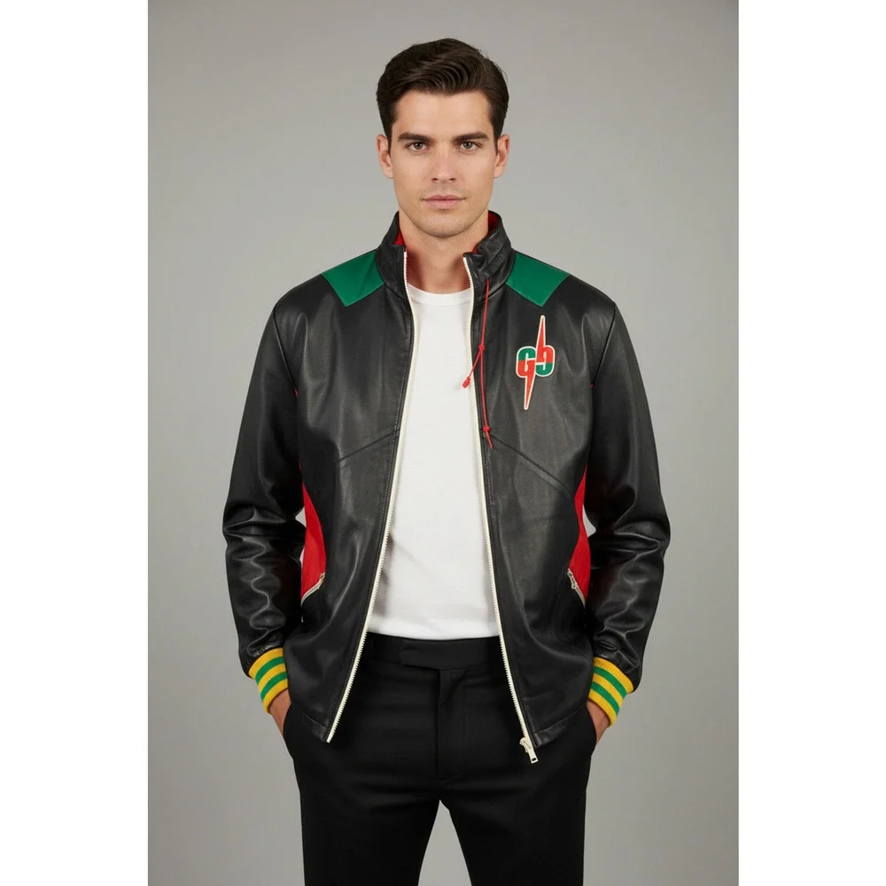 GUCCI Size 36 Black Red Color Block Lambskin Leather Varsity Jacket